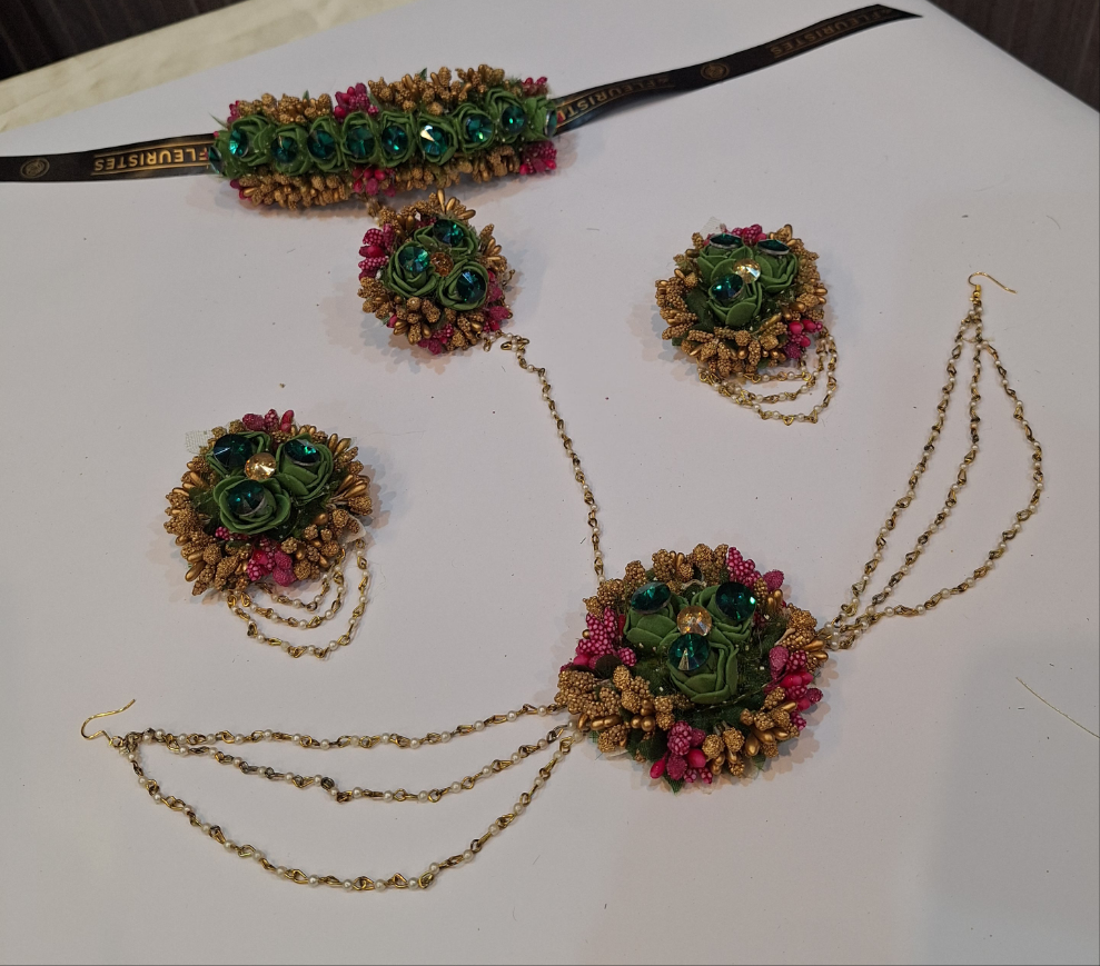 Green and Gold Floral Jewellery Set with Pearl Accents