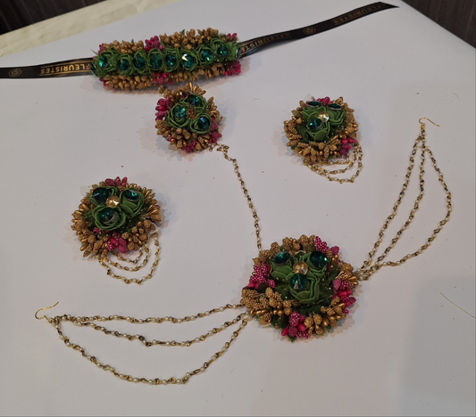 Green and Gold Floral Jewellery Set with Pearl Accents