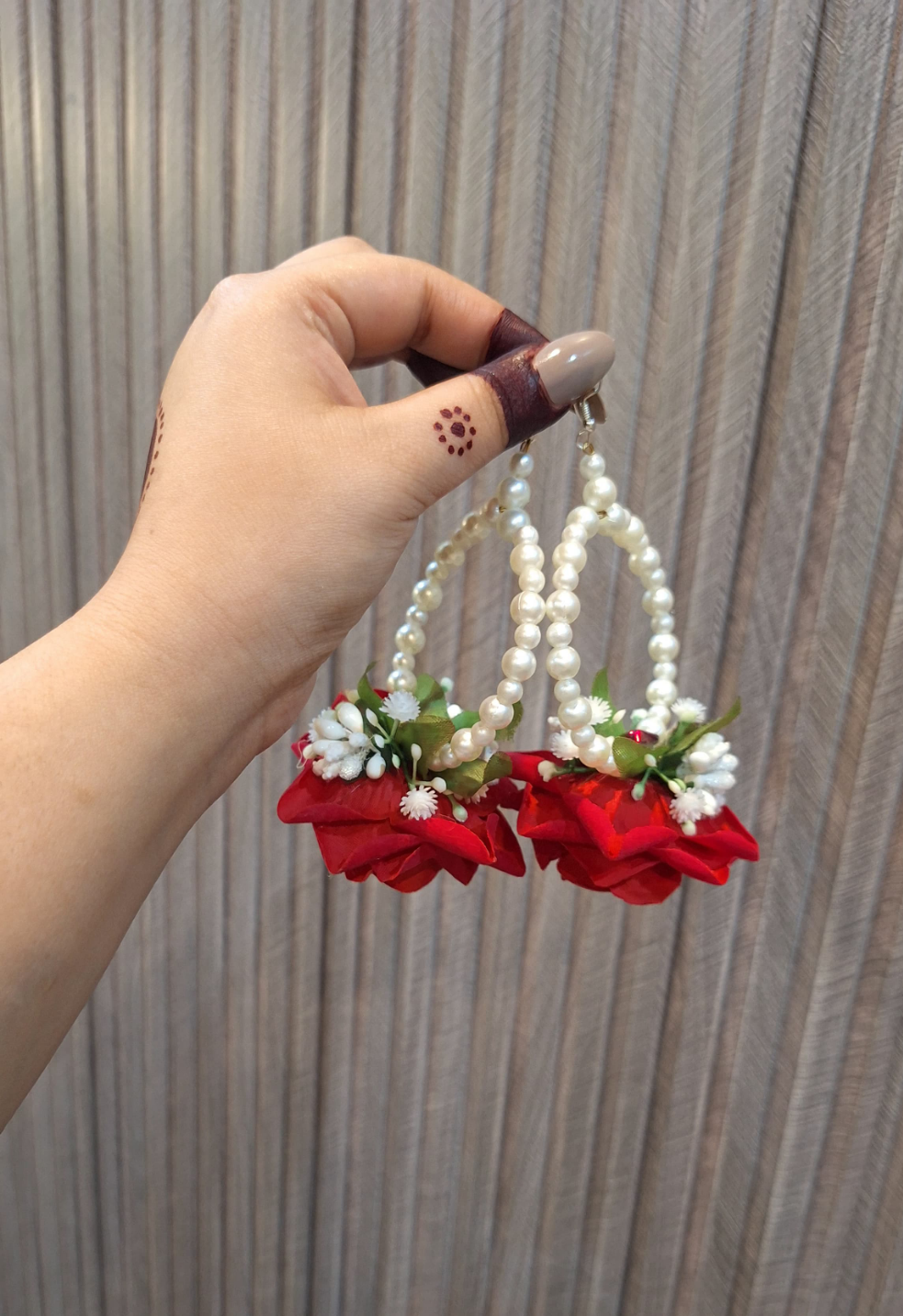 Elegant Red Rose & Pearl Hoop Floral Earrings
