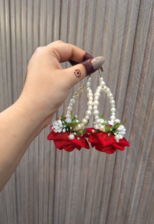 Elegant Red Rose & Pearl Hoop Floral Earrings
