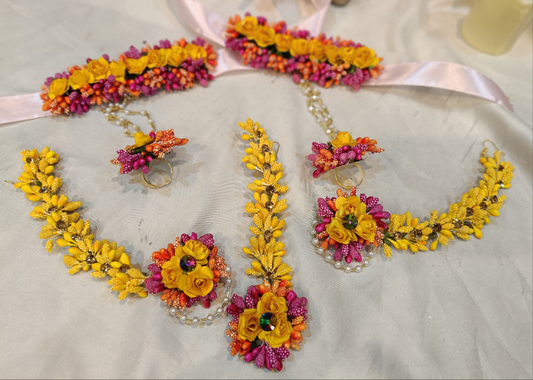 Vibrant Yellow & Magenta Floral Bridal Jewelry Set (Set of 6)