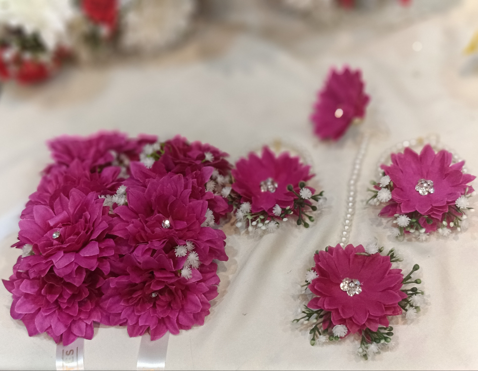Handcrafted Magenta Floral Jewelry Set with Pearl Hoops & Gajray