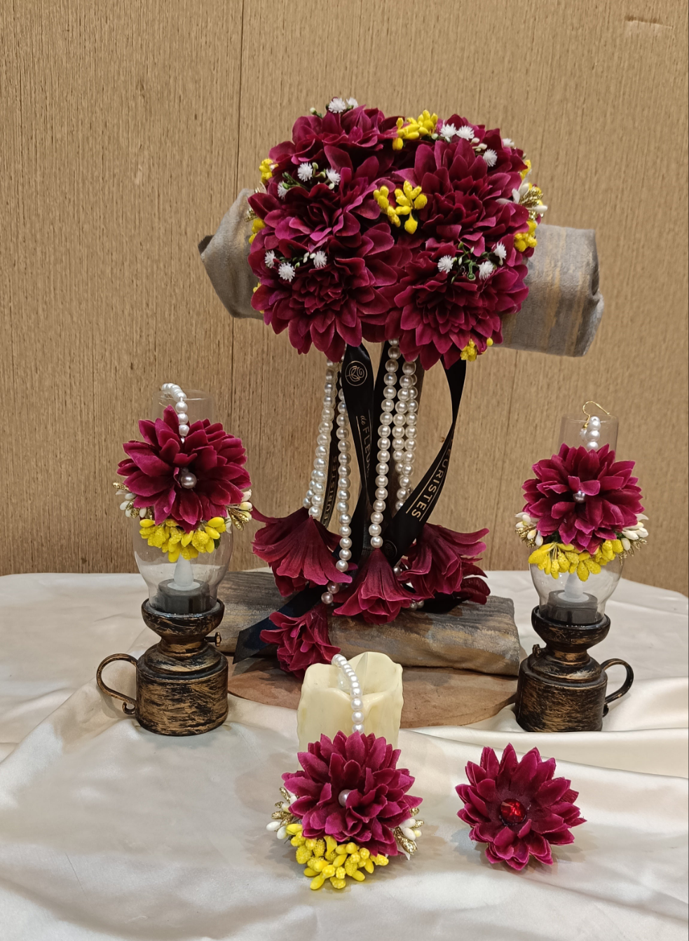 Maroon & Yellow Floral Jewelry Set with Pearl Accents