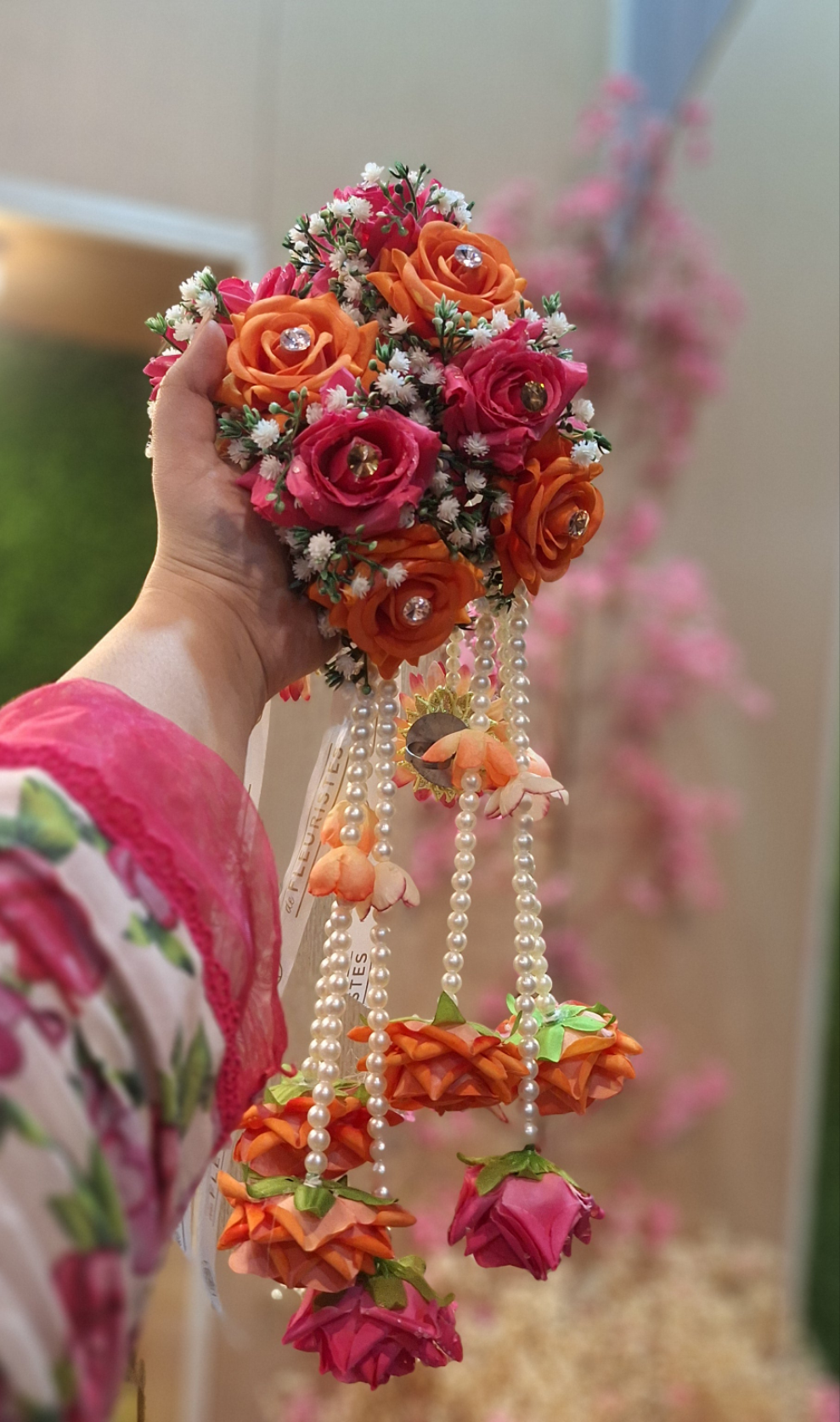 Vibrant Pink & Orange Rose Floral Kali (Gajra) with Pearl Tassels