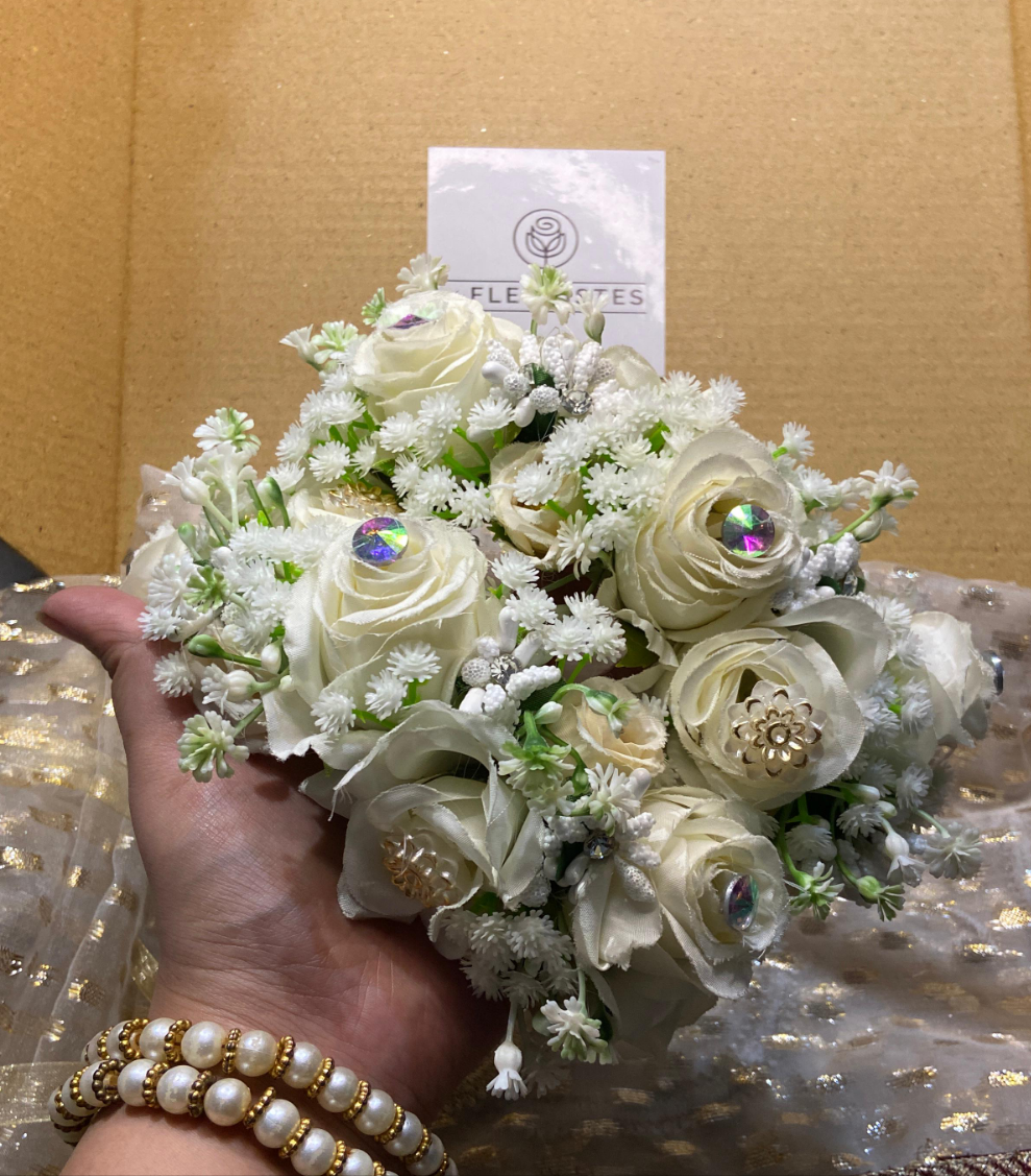 Elegant White Rose & Crystal Bridal Hand Bouquet
