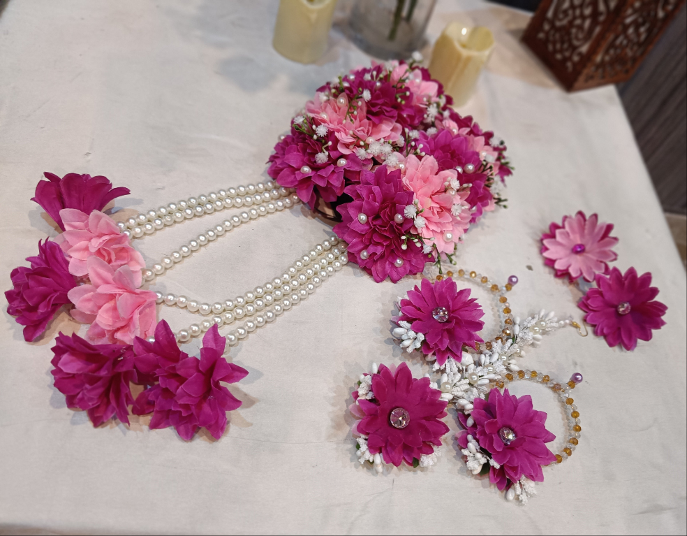 Magenta & Blush Floral Jewellery Set with Pearl Accents