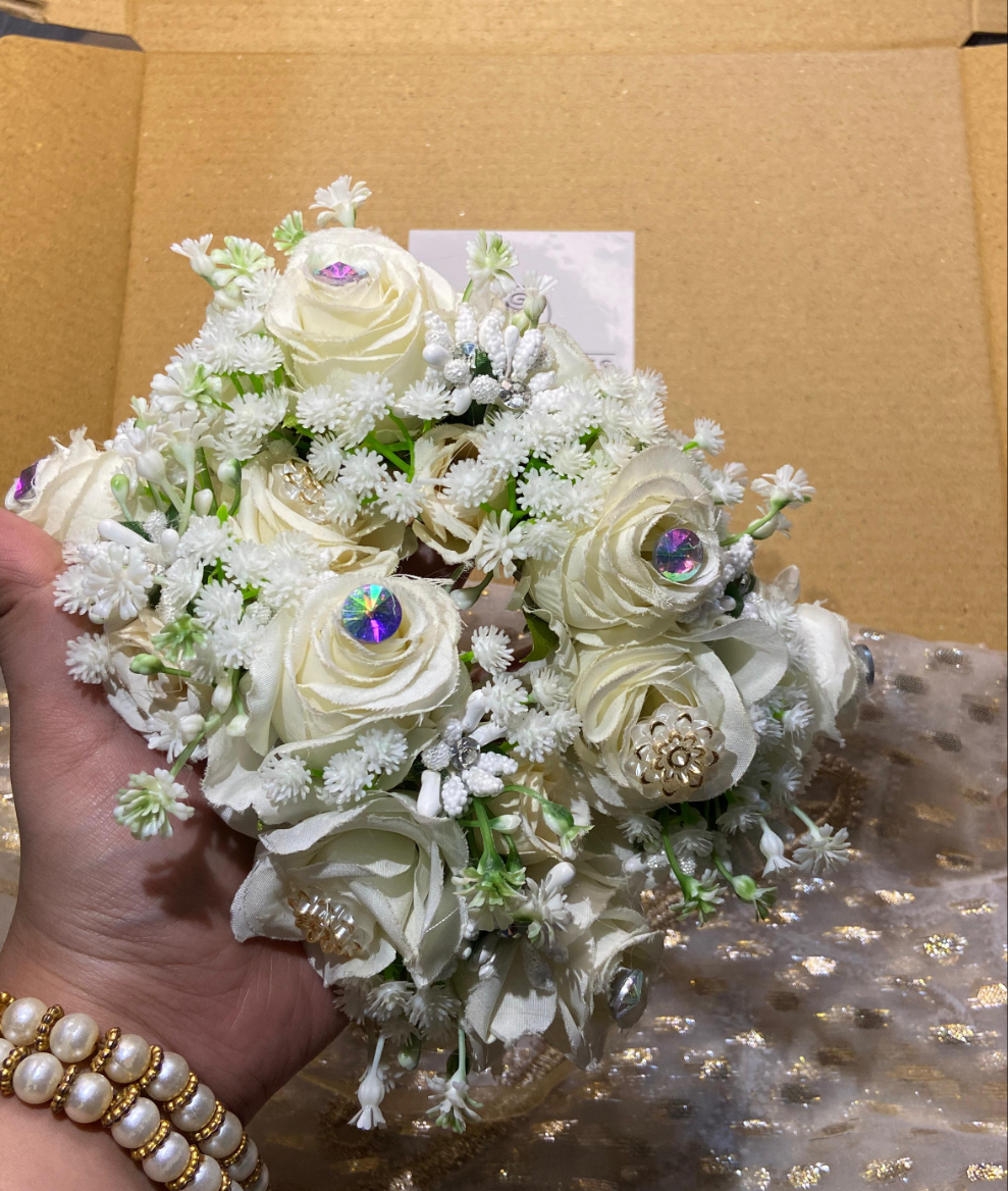 Elegant White Rose & Crystal Bridal Hand Bouquet