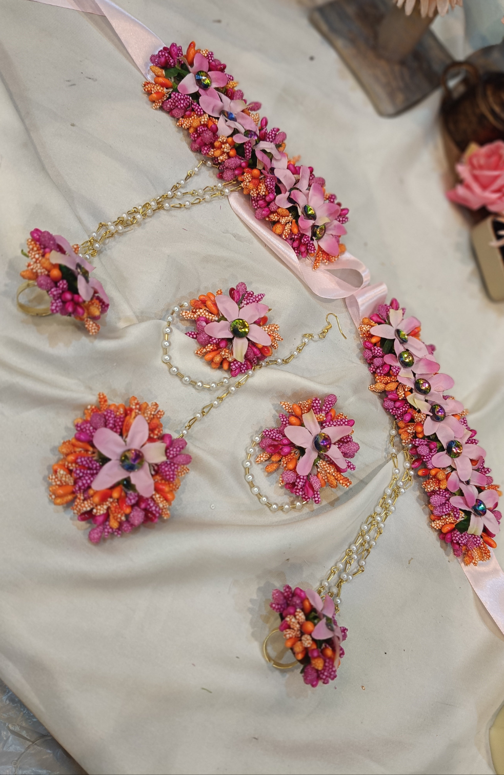 Vibrant Pink and Orange Handmade Floral Jewellery Set for Mehndi & Mayun