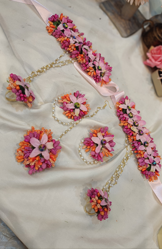 Vibrant Pink and Orange Handmade Floral Jewellery Set for Mehndi & Mayun