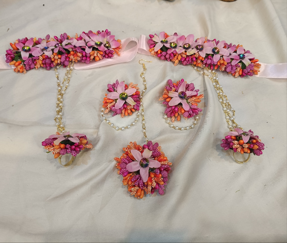 Vibrant Pink and Orange Handmade Floral Jewellery Set for Mehndi & Mayun