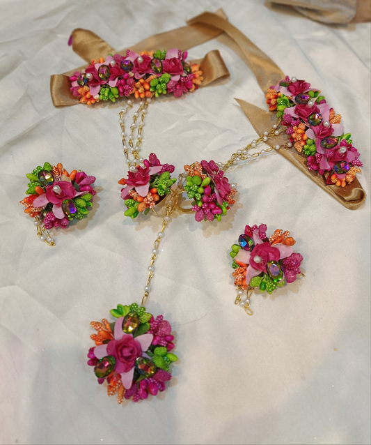 Vibrant Pink & Green Floral Bridal Jewelry Set (Set of 5)