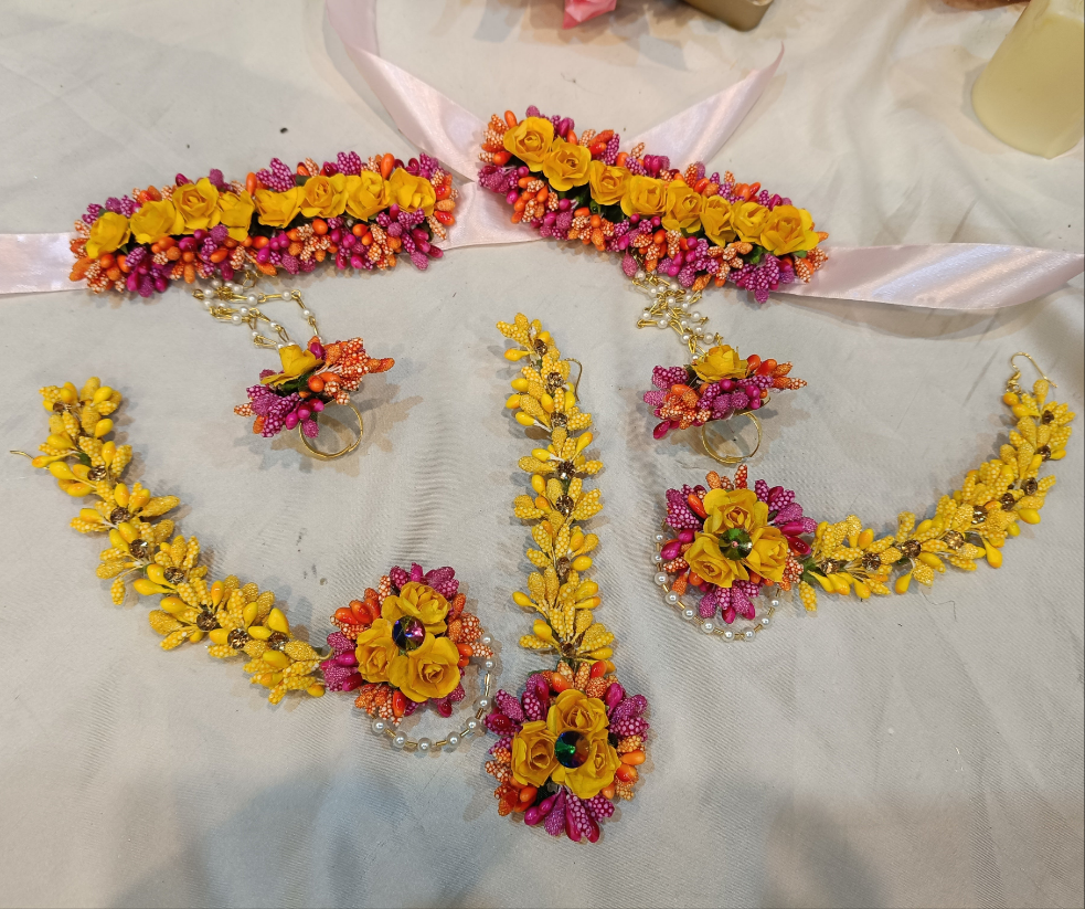 Vibrant Yellow & Magenta Floral Bridal Jewelry Set (Set of 6)