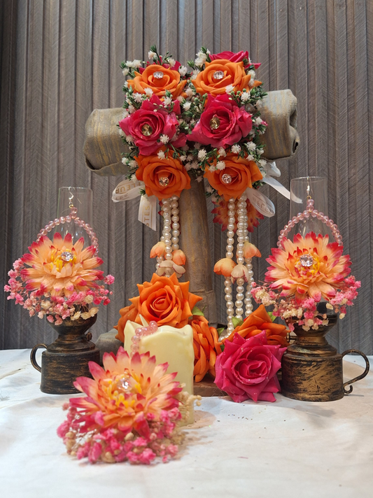 Vibrant Floral Jewelry Set with Orange Roses and Pearl Accents