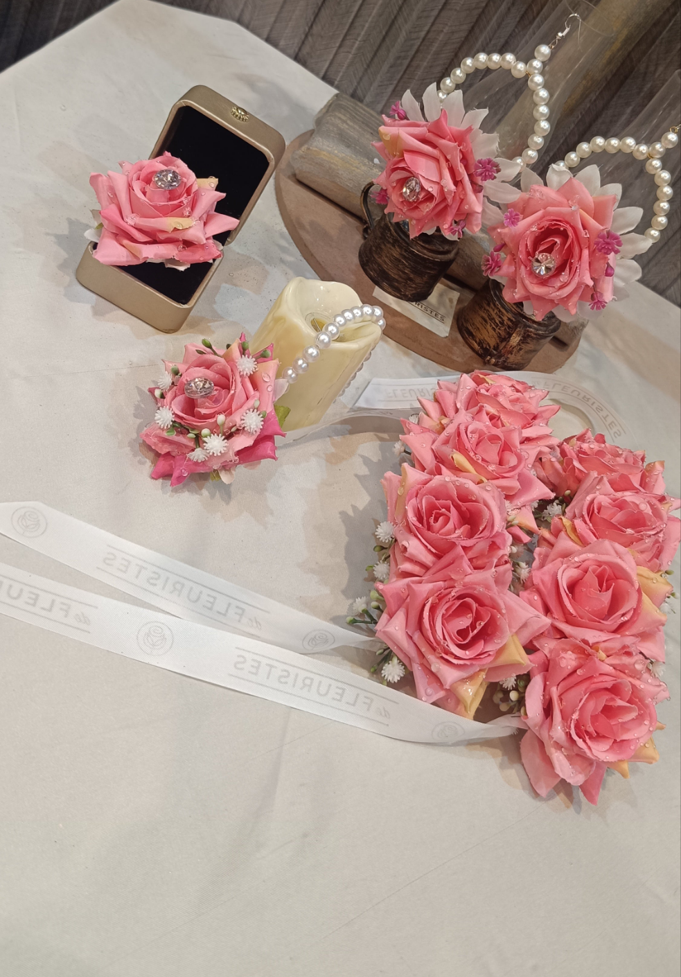 Elegant Pink Rose Floral Jewellery Set with Pearls & Crystals