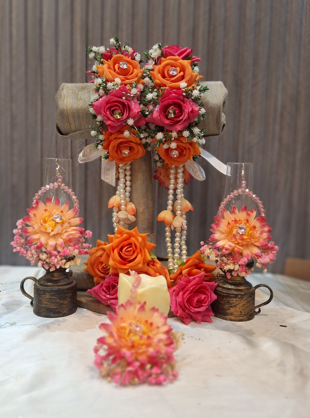 Vibrant Floral Jewelry Set with Orange Roses and Pearl Accents