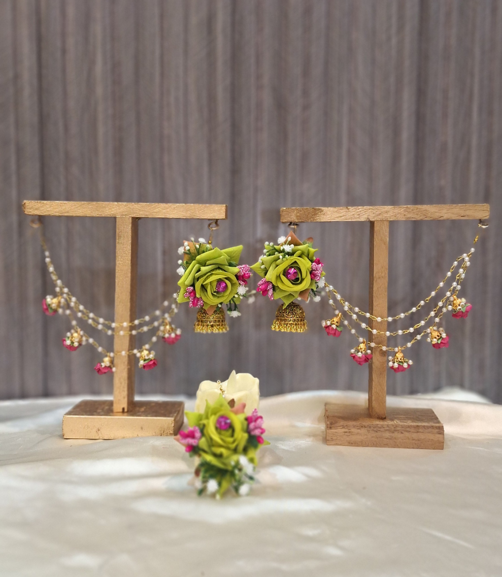 Handcrafted Lime Green Floral Jhumka & Ring Set with Pearl Sahara Chains