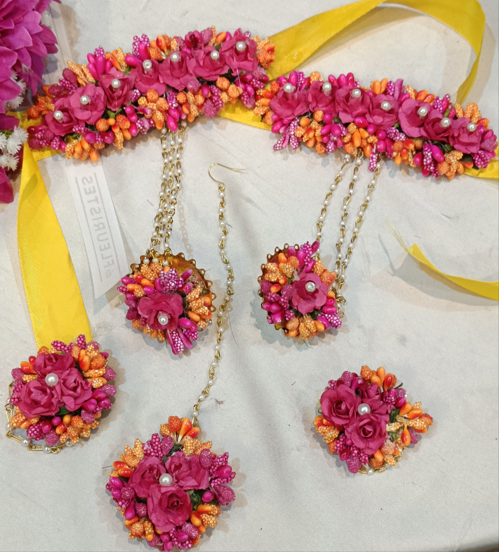 Handcrafted Pink and Orange Floral Jewellery Set with Pearl Accents