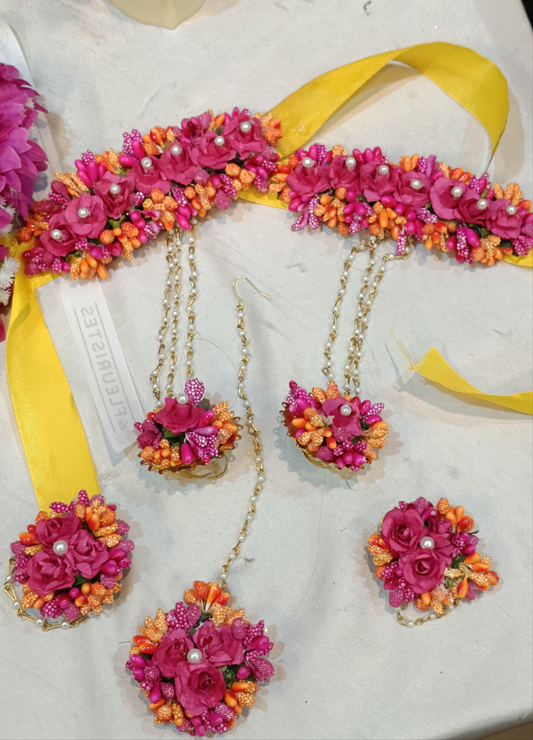 Handcrafted Pink and Orange Floral Jewellery Set with Pearl Accents