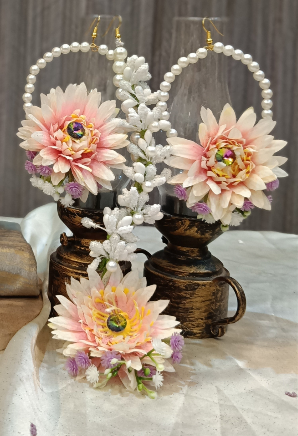 Handcrafted Peach Floral Earring & Tikka Set with Pearl Detailing
