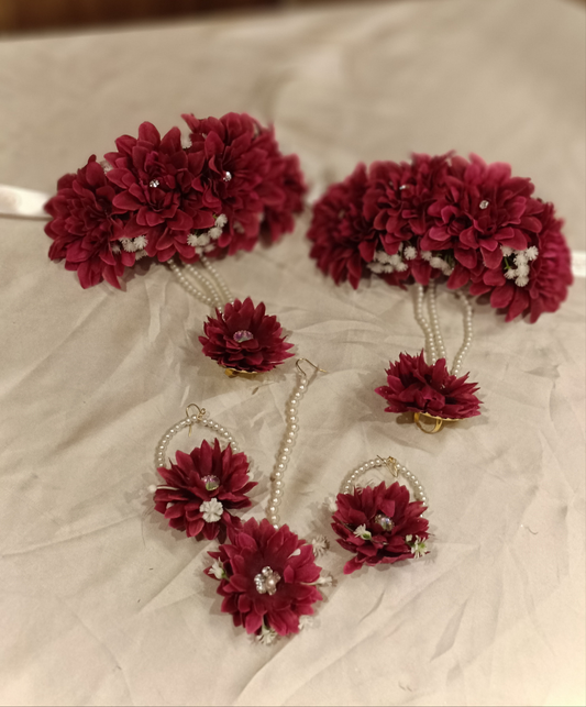 Maroon Floral Bridal Jewellery Set with Pearl Accents