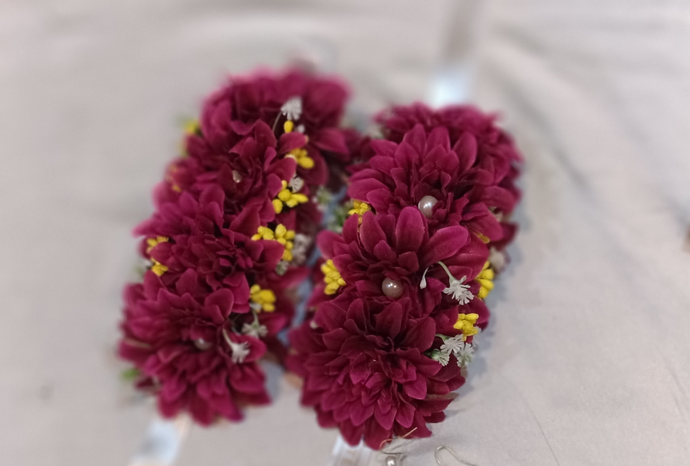 Elegant Pink Rose & Pearl Gajra with Floral Tassels