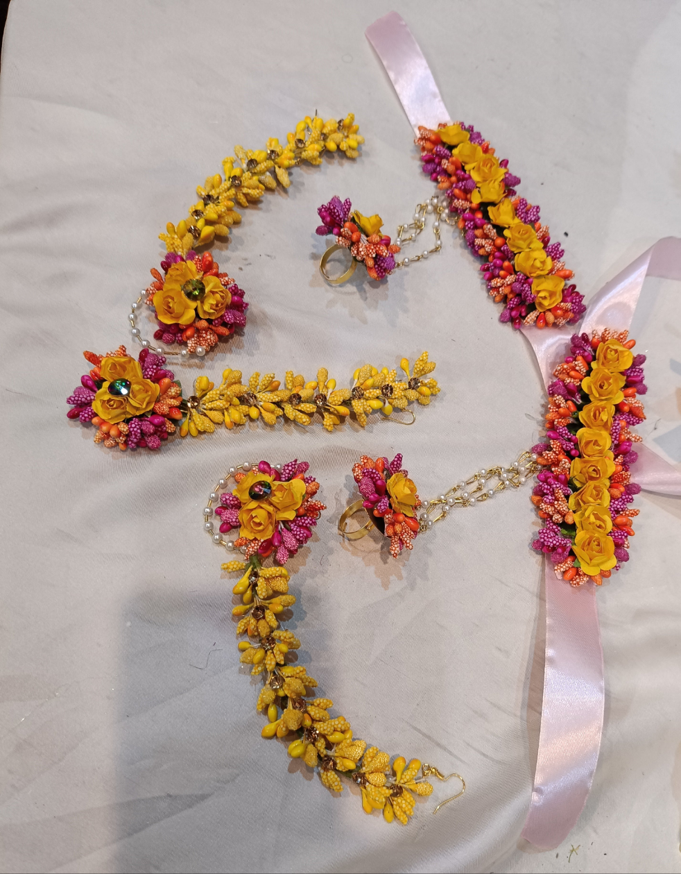 Vibrant Yellow & Magenta Floral Bridal Jewelry Set (Set of 6)