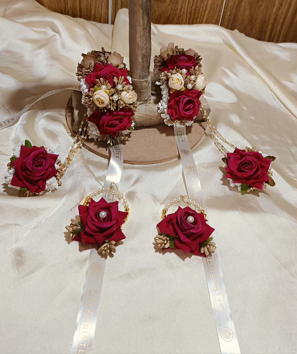 Maroon Rose Floral Haath Phool & Jhumka Set with Pearl Accents