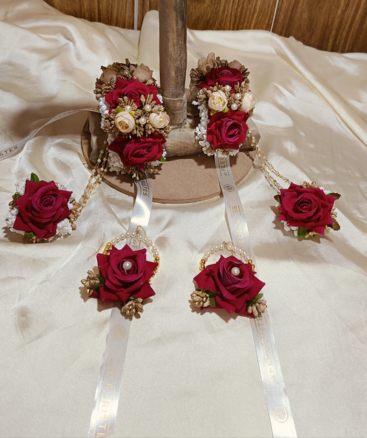 Maroon Rose Floral Haath Phool & Jhumka Set with Pearl Accents