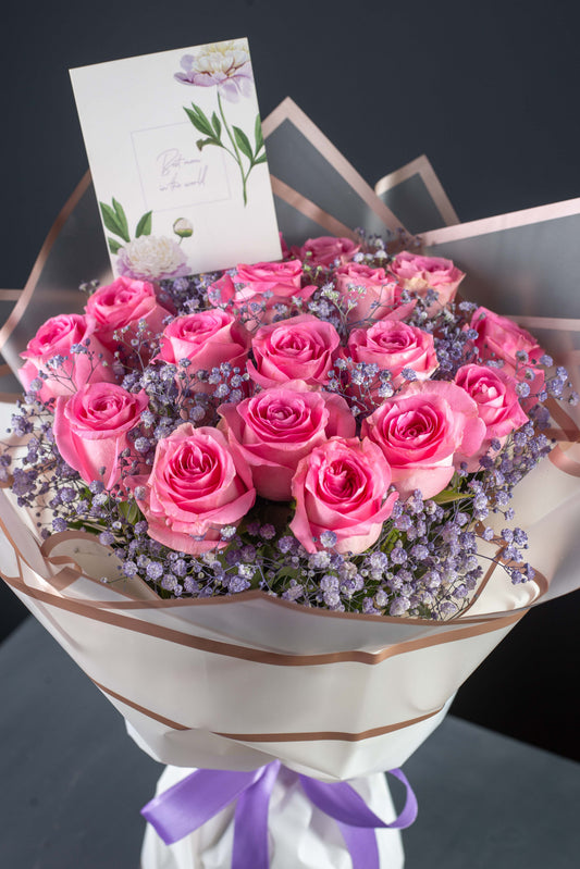 Premium Pink Rose Bouquet with Purple Gyp and Ribbon