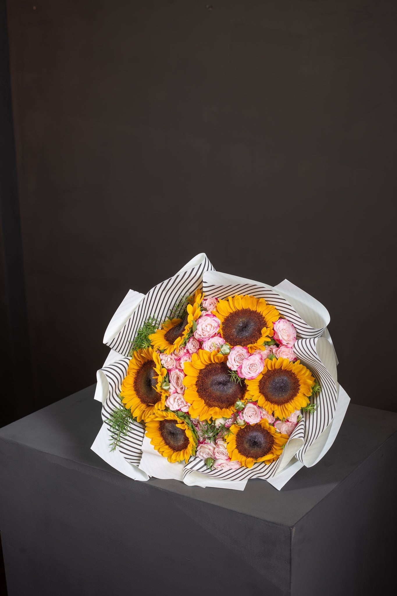 Sun-Kissed Joy: Sunflower and Pink Mini Rose Bouquet