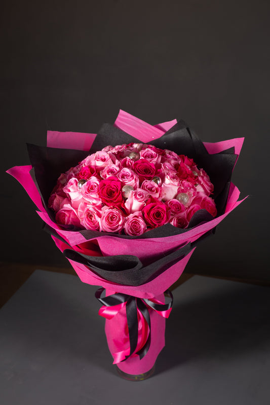 Pink and Magenta Rose Bouquet in Premium Black and Pink Wrap