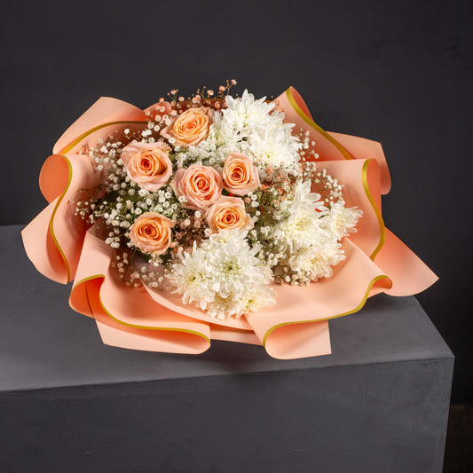 Elegant Peach Roses & White Chrysanthemum Bouquet with "Congrats" Card