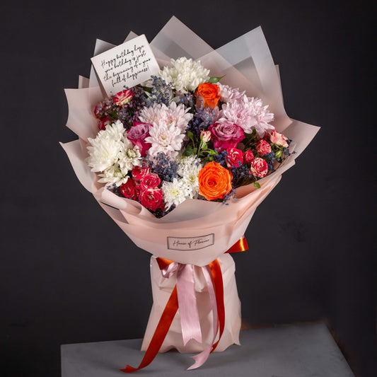 Vibrant Mixed Floral Bouquet with Orange Roses and White Chrysanthemums