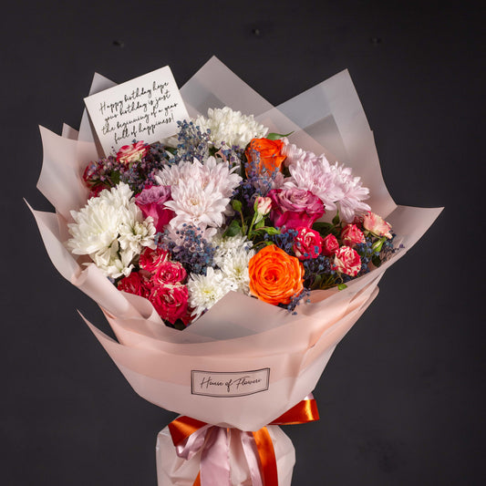 Vibrant Mixed Floral Bouquet with Orange Roses and White Chrysanthemums