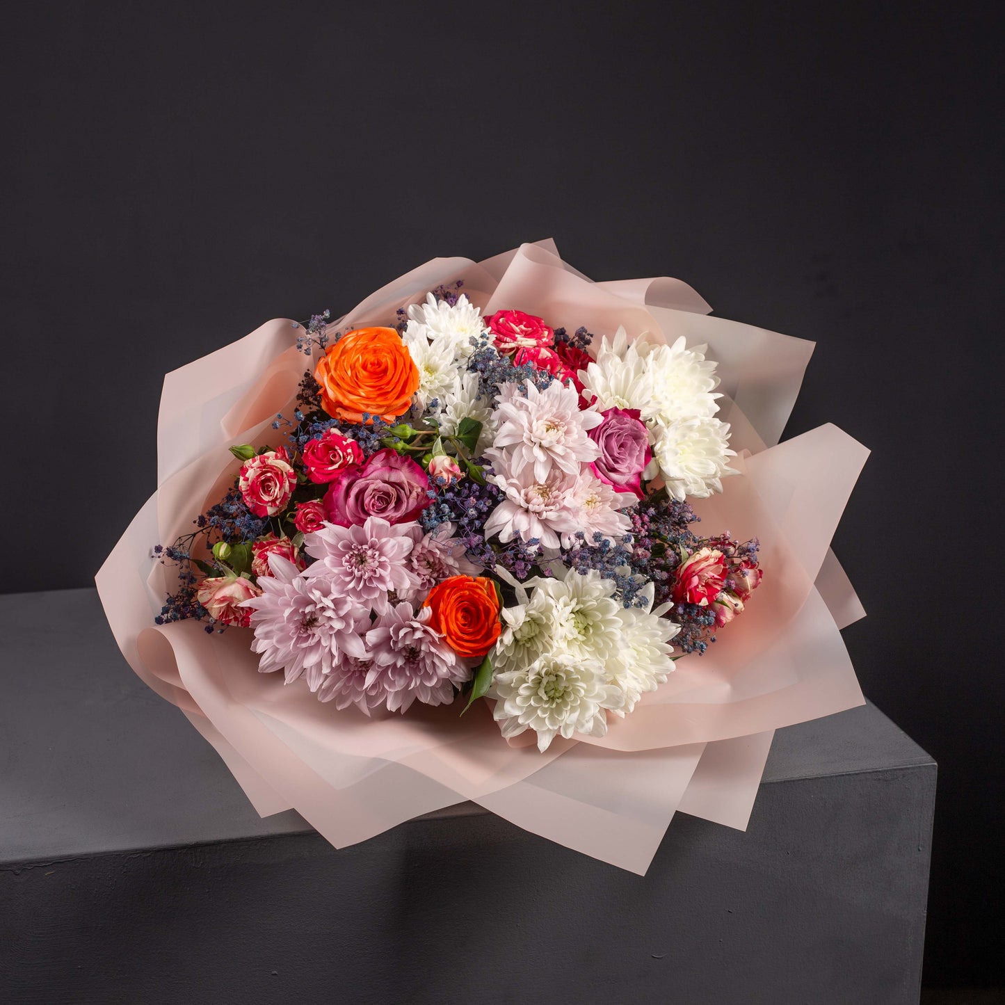 Vibrant Mixed Floral Bouquet with Orange Roses and White Chrysanthemums