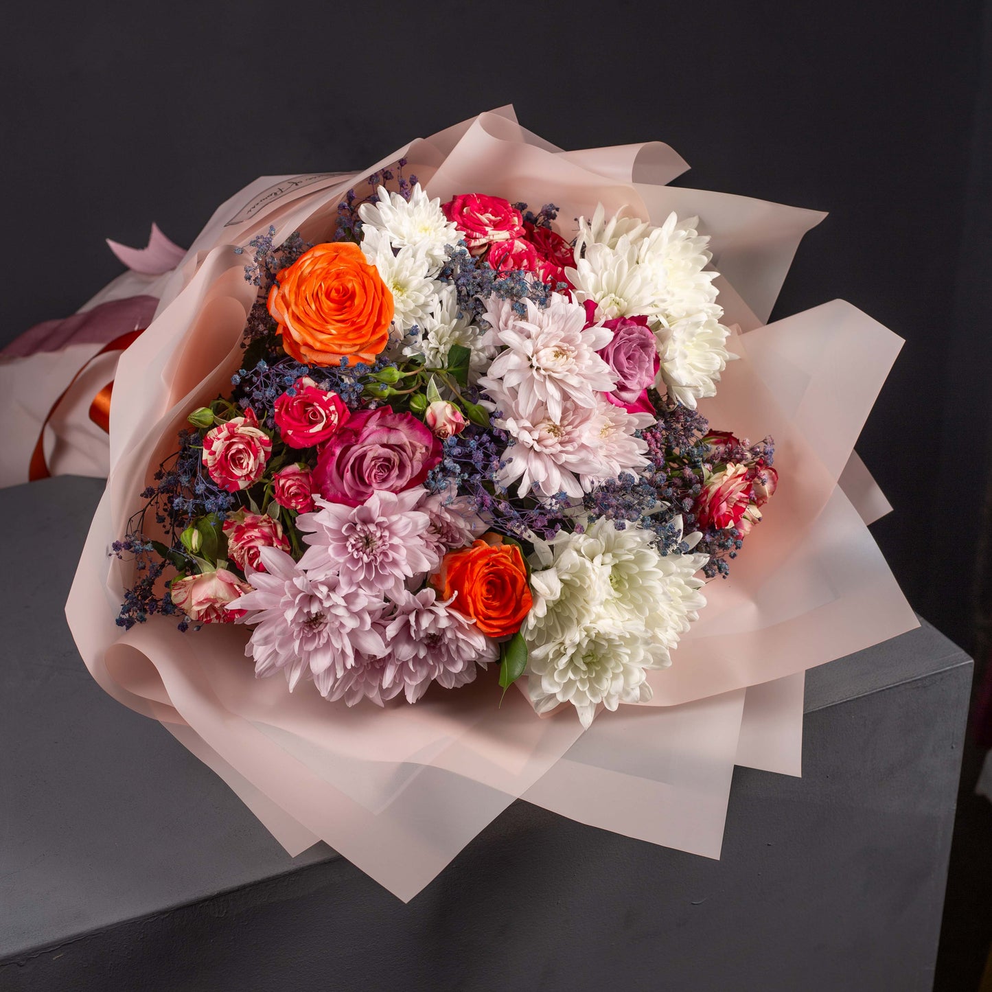 Vibrant Mixed Floral Bouquet with Orange Roses and White Chrysanthemums