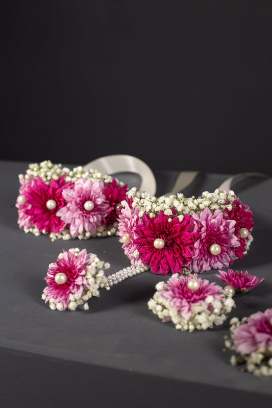 Magenta & Pink Chrysanthemum Floral Jewellery Set with Pearl Accents