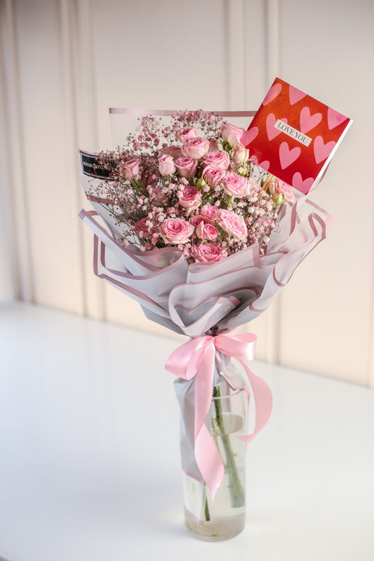 Elegant Pink Spray Rose Bouquet with "Love You" Card