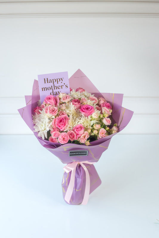Elegant Pink Rose & White Chrysanthemum Bouquet in Purple Wrap