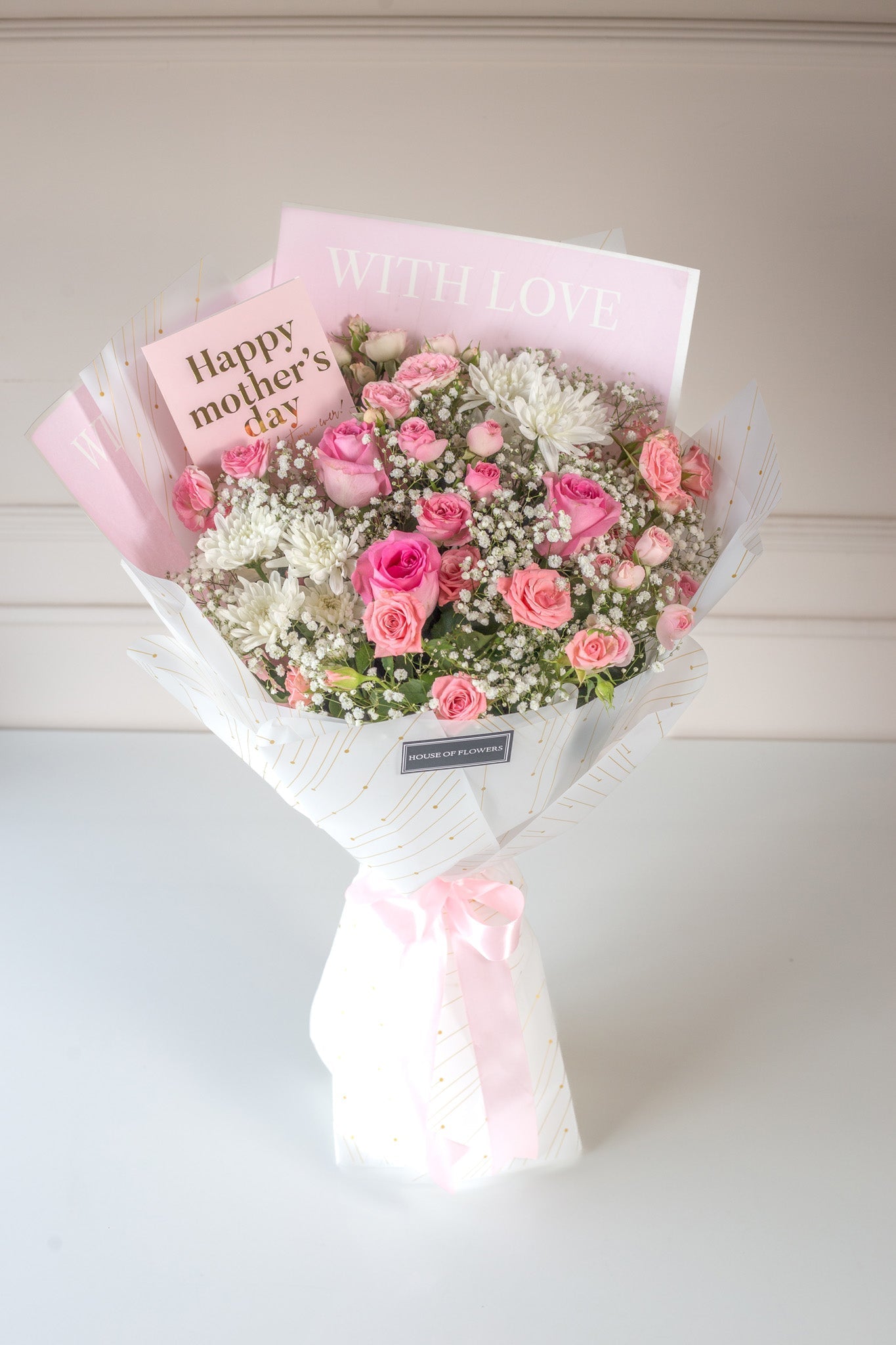 Elegant Pink Rose & White Chrysanthemum Mother’s Day Bouquet