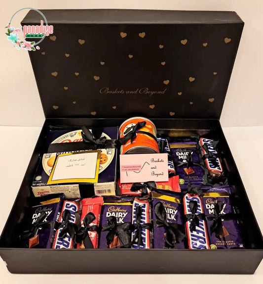 Luxury Black Heart Box with Cadbury, Snickers & Pringles Gift Set