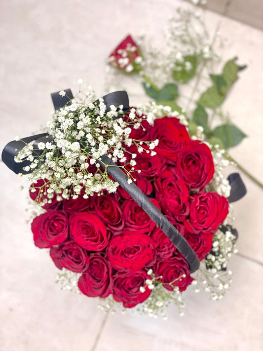 Premium Red Rose Basket with Baby’s Breath & Black Ribbon