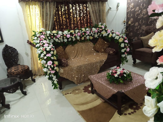 Elegant White & Pink Floral Stage Decor with Jasmine Hangings