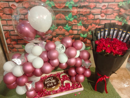 Imported Roses, Designer Cake & Balloon Décor Combo