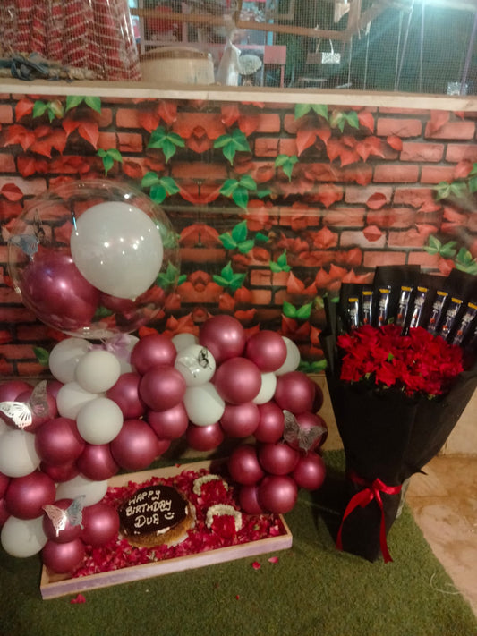 Imported Roses, Designer Cake & Balloon Décor Combo