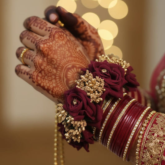 Maroon Rose Floral Bangle (Gajra) with Golden Accents