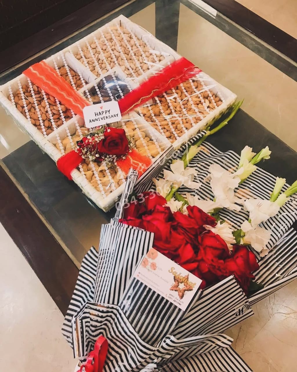 Romantic Anniversary Dry Fruit Box with Red & White Flower Bouquet