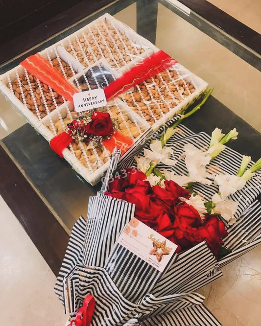 Romantic Anniversary Dry Fruit Box with Red & White Flower Bouquet