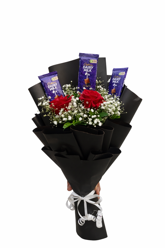 Red Rose & Dairy Milk Chocolate Black Wrap Bouquet