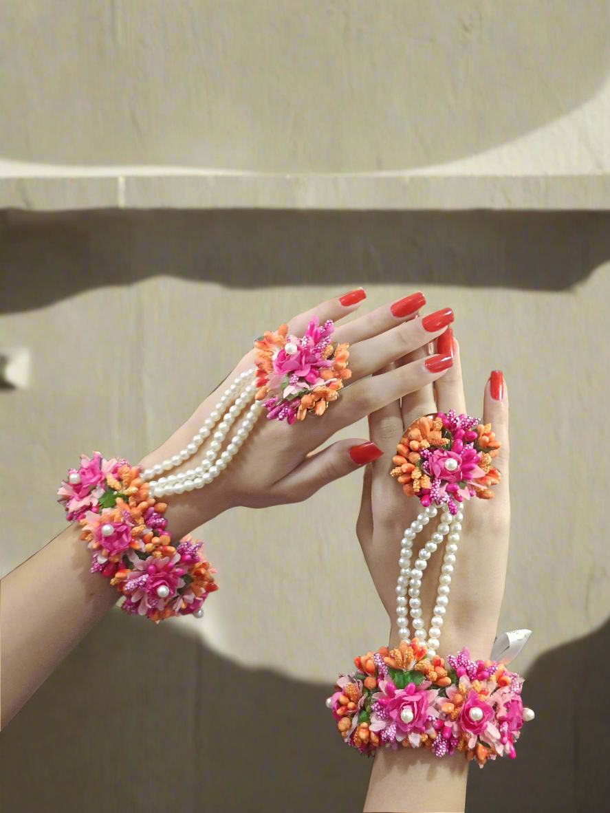 Vibrant Pink & Orange Floral Haath Phool with Pearl String Accents